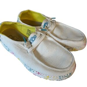Hey Dude Wendy Womens 8 Paint Splatter White Multi Color Slip On Loafers Artsy